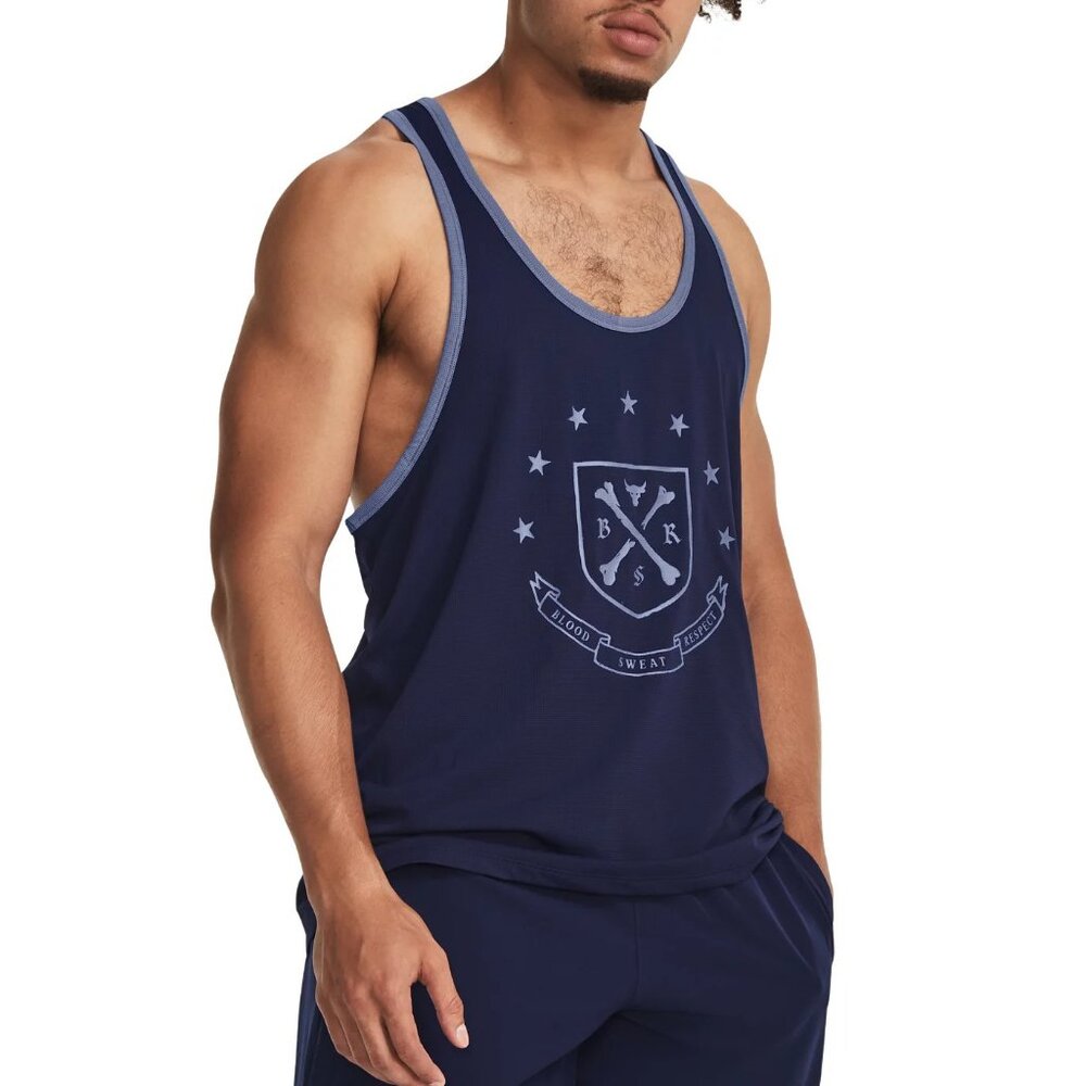 $55 UNDER ARMOUR PROJECT ROCK GYM TANK TRAINING 1380109-410 NAVY/HUSHED BLUE S